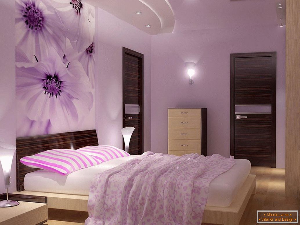 Könnyű bútorok a hálószobában lila falakkal