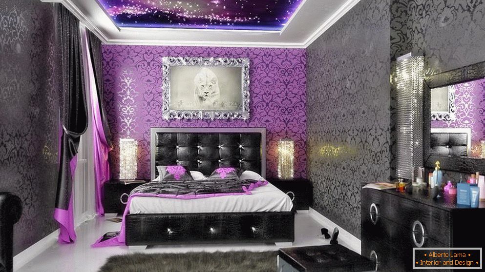 Fekete és lila tapéta a hálószobában