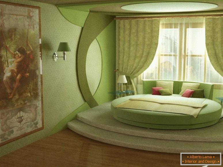 Zöld hálószoba kerek ágyzal