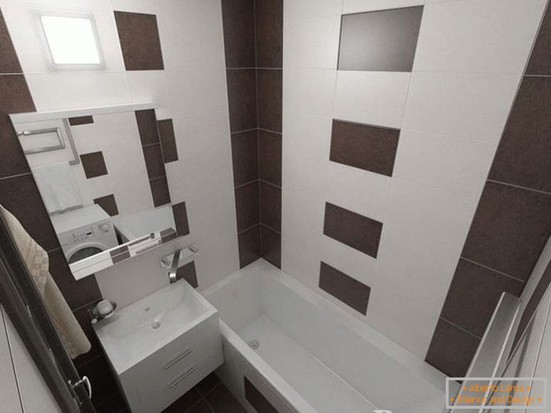 Kis, fehér és barna csempével díszített fürdőszoba