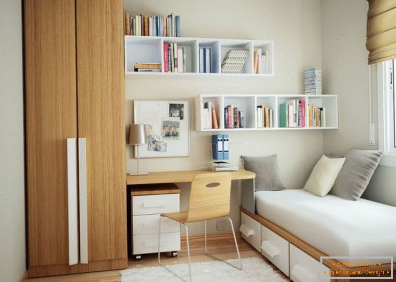 minimalista apró-lakás-design-with-barna fa-szekrény-közeli desk-fehér-fa-úszó-Könyvespolc-attached-to-the-fehér falra is barna-fa-single-ágy- frame-felszerelt-fehér-fa-3-toló-dr