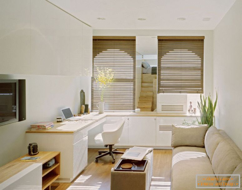 modern-elegáns-small-lakások-design-that-has-fehér modern beton-fal-is-legyen-dísz-with-modern-barna kanapék, hogy a-can-add-a-beauty-belül