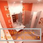 Narancssárga színű, keskeny fürdőszobai tervezés