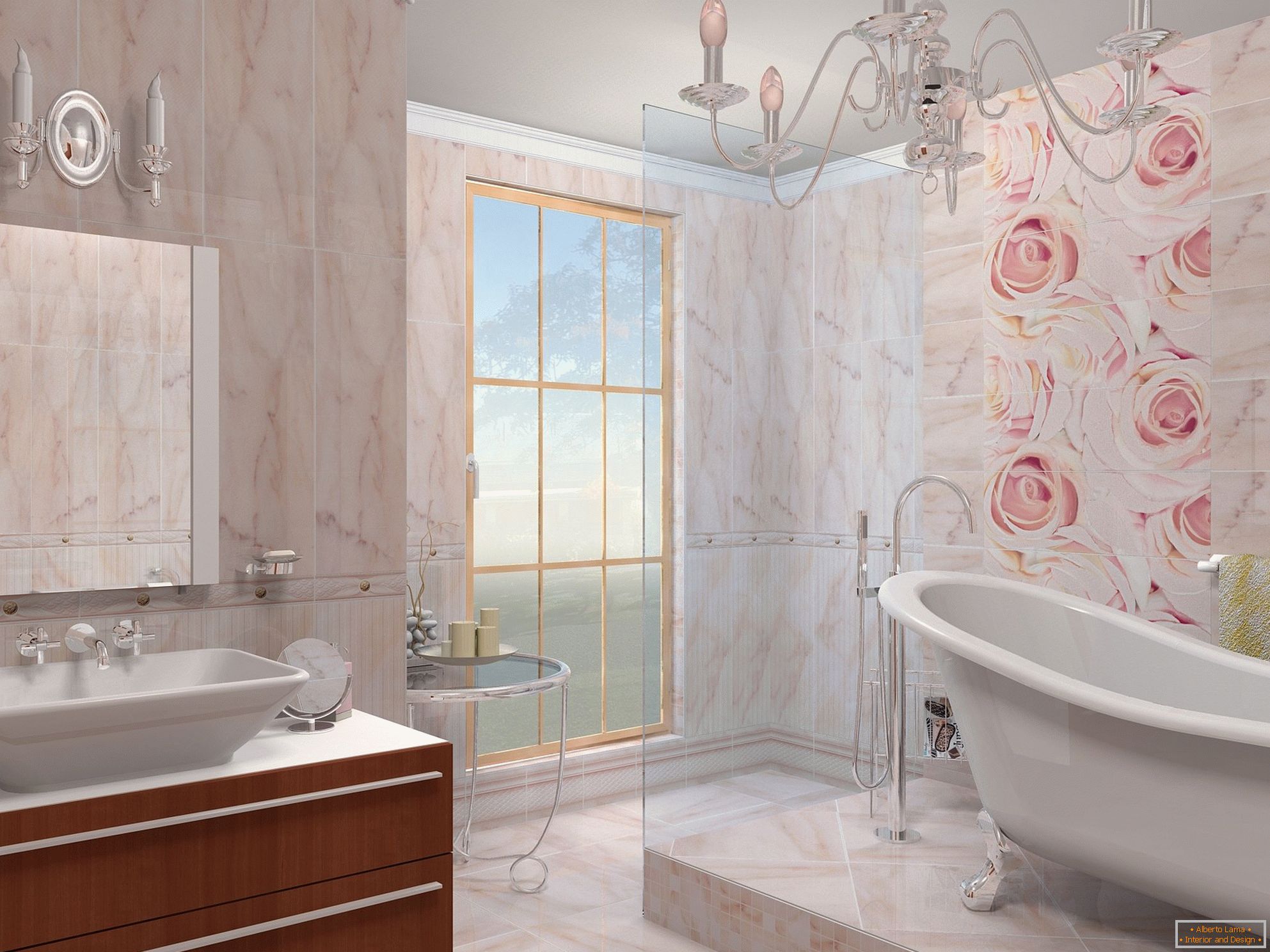 A bézs és rózsaszín kombinációja a fürdőszoba kialakításában