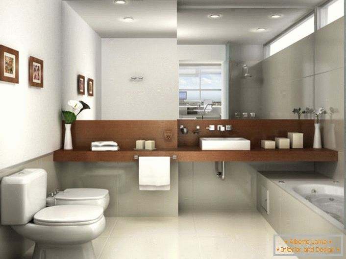 A minimalizmus stílusában díszített fürdőszoba világos szürke árnyalatú. A kilátást nagyméretű tükör vonzza, amely a mosdó felett álló falat foglalja el.