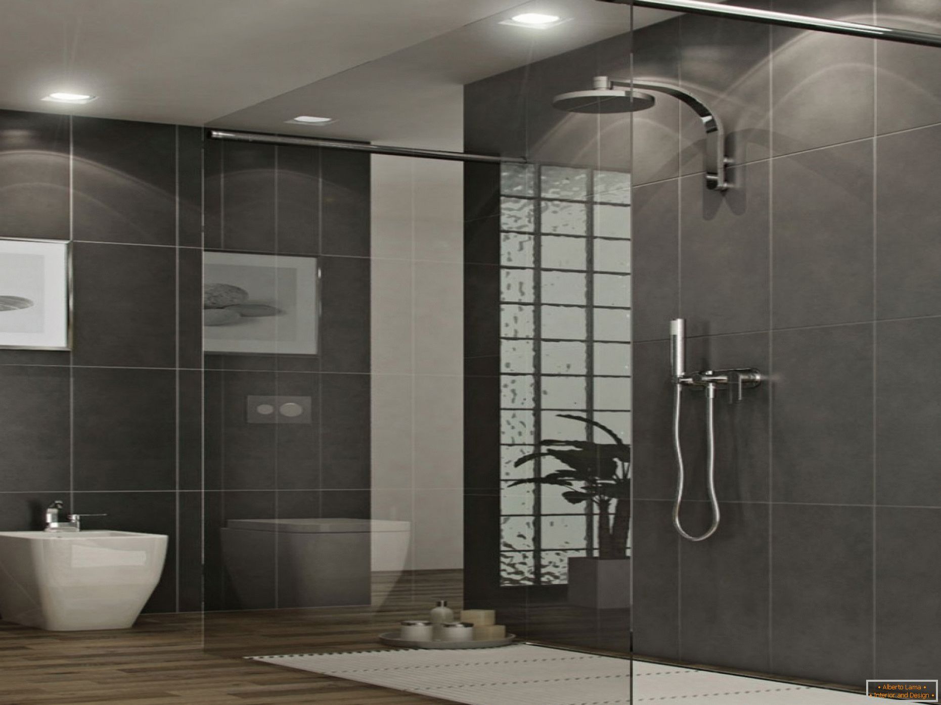 Nagy fürdőszoba fekete falakkal és bézs padlóval