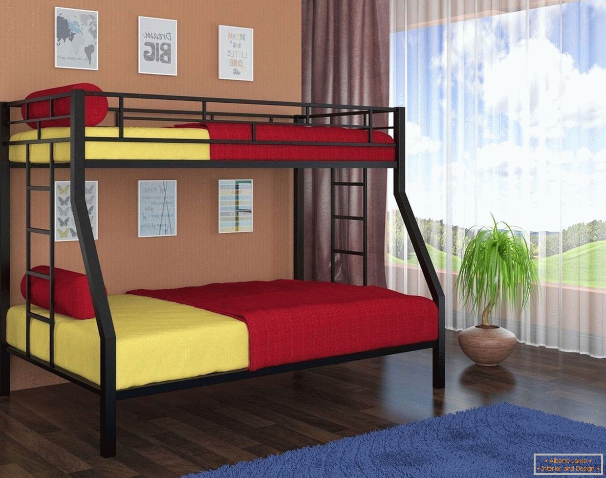 Sárga és piros ágynemű egy emeletes ágyban