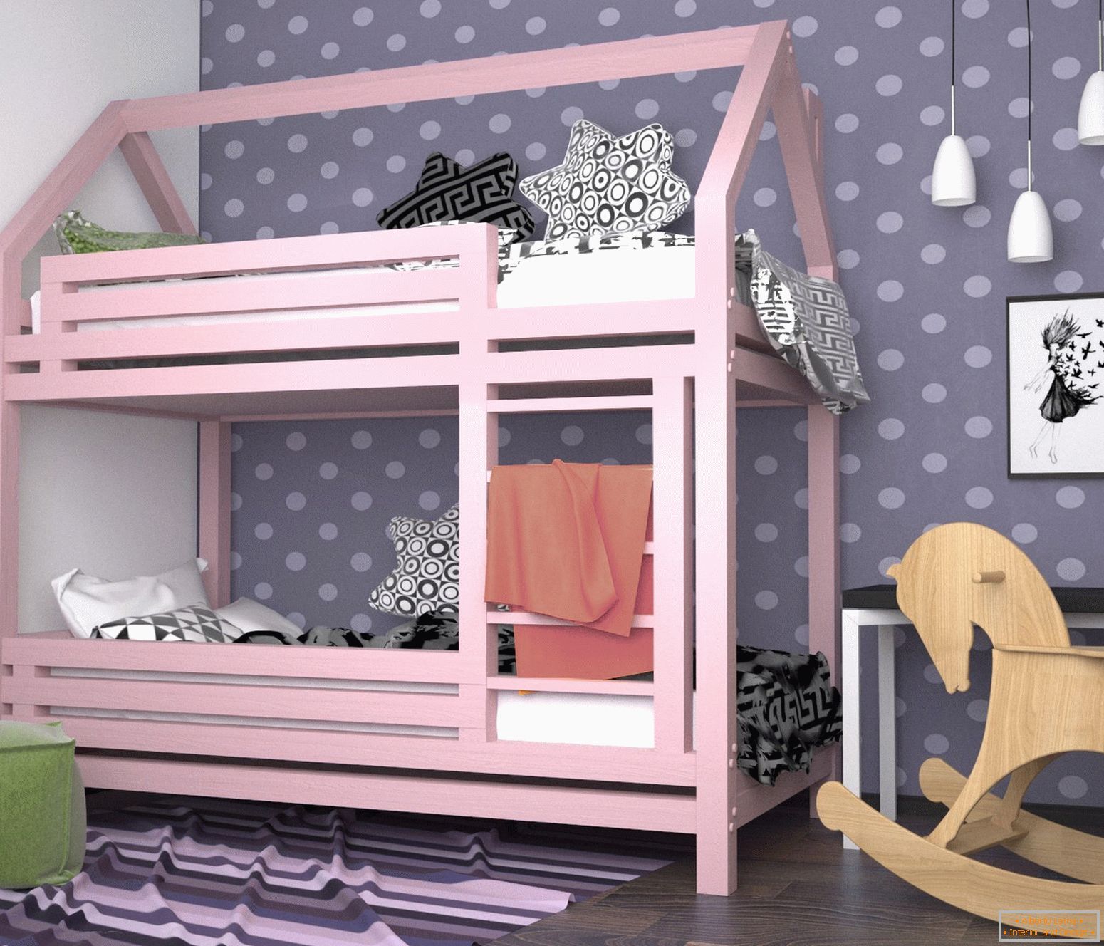Rózsaszín emeletes ágy egy gyerekszobában egy lány számára