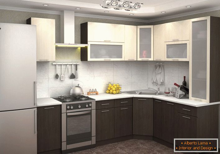 L-alakú konyha sok lógó szekrénnyel ideális megoldás minden praktikus hostess számára.