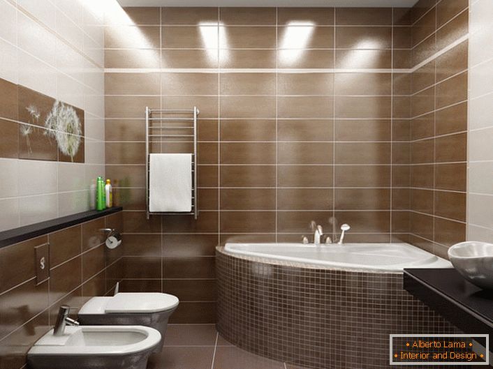 A modern stílusban berendezett fürdőszoba dekorációjához egy pitypangtel ellátott panelt használtunk. Könnyű, kényelmetlen belső részlet a modern stílusban. 