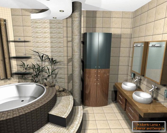 A projekt fürdőszobája az Art Nouveau iskolai dizájn hallgatójának stílusában.