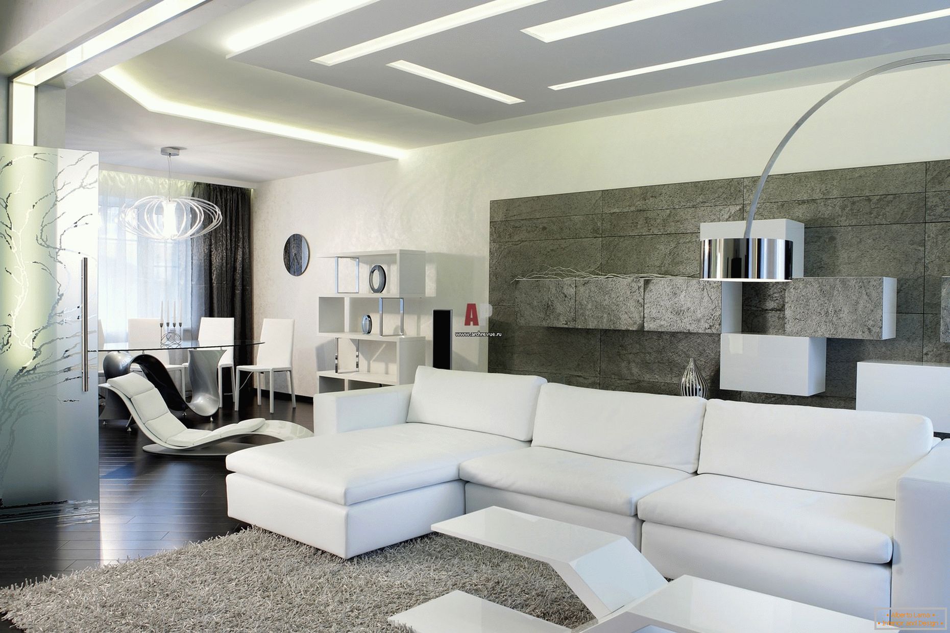 A szoba vendégeinek fehér belseje minimalista stílusban figyelemre méltó a modern, merész dizájn és a csúcstechnológia jegyében.
