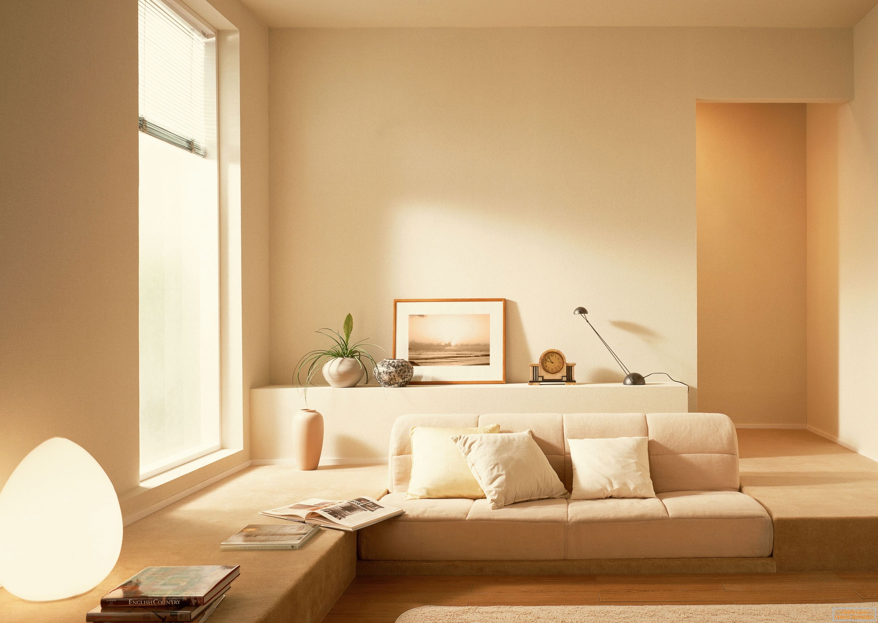 A minimalizmus stílusával összhangban nyugodt bézs árnyékot használtak a nappali belsejének rendezésére.