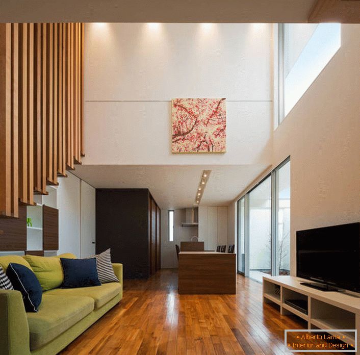 Lakkozott parketta - a nappali belső terének díszítése modern stílusban.