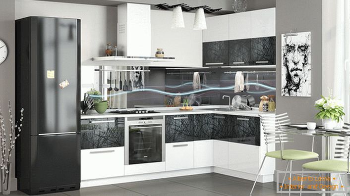 A modern konyha moduláris konyhával díszített. A sarokkészlet segítségével helyet takaríthat meg.