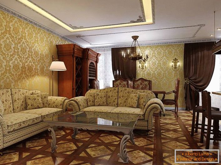 Világos szoba, kontrasztos sötétbarna fából készült bútorokkal.