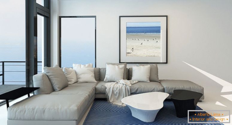 Modern vízparti nappali világos, tágas társalgó belsejében, kényelmes modern kárpitozott szürke lakosztály, művészet a falon és egy nagy panorámás kilátás ablak egy falon, kilátással az óceánra