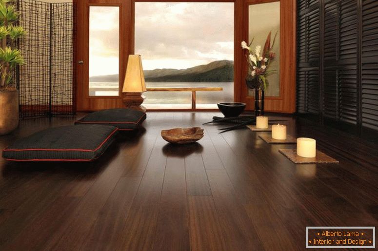 hűvös-sötét-keményfa-padló-with-ottoman-for-living-szoba-japán-stílusú berendezett-természeti-növény-és csillár-lámpa-mint-dekoráció mennyezeti design-félelmetes-japán belső design belsőépítészet -schools-how