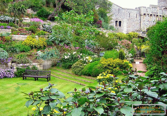 A mediterrán stílusú táj kialakításánál egy angol pázsitot használtunk, amely gazdag virágokkal együtt gazdag és színes a kertben. 