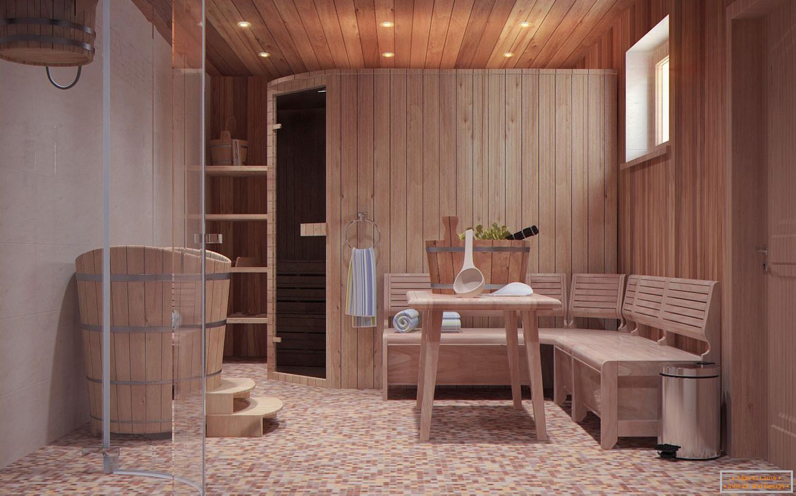 A relaxációs szoba egy skandináv stílusú fürdőszobában
