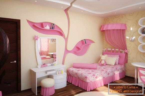 a gyermekszoba helyisége egy sárga és rózsaszínű lány számára