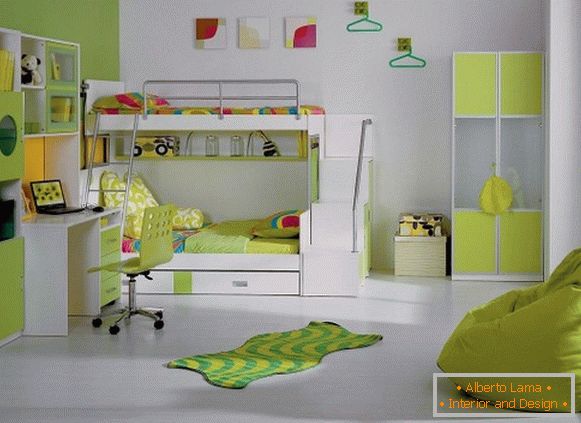 A gyermek hálószobájának belső kialakítása világos zöld színű