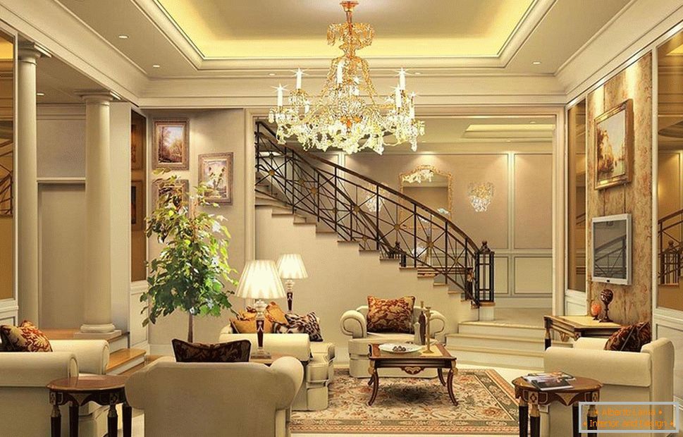 Nappali, klasszikus stílusú lépcsővel