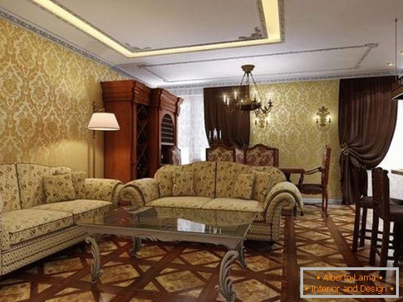 A nappali belső kialakítása egy privát házban klasszikus stílusban - fényképkiválasztás