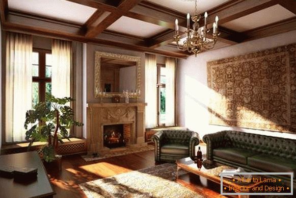 A nappali belseje kandallóval egy privát házban - klasszikus stílusban