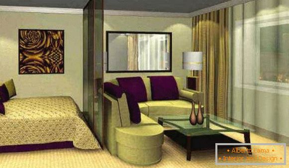 A hálószoba nappali belseje egy magánházban, modern stílusban