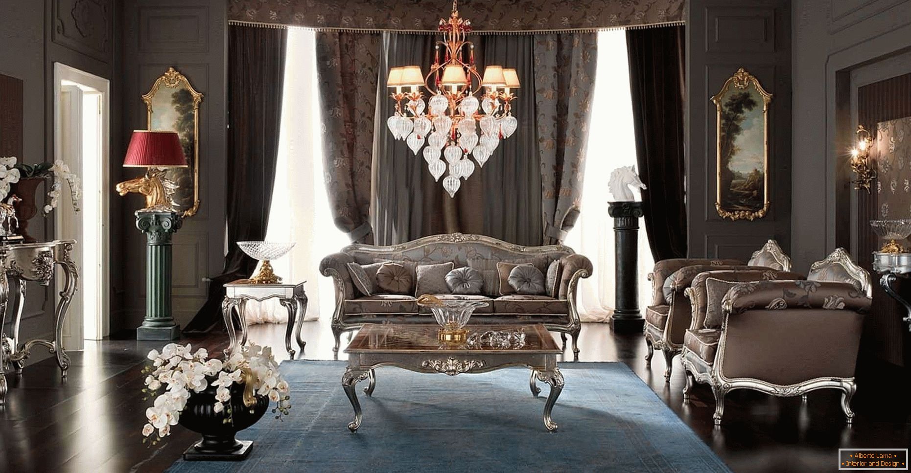 A nappali sötét színű, klasszikus stílusú design