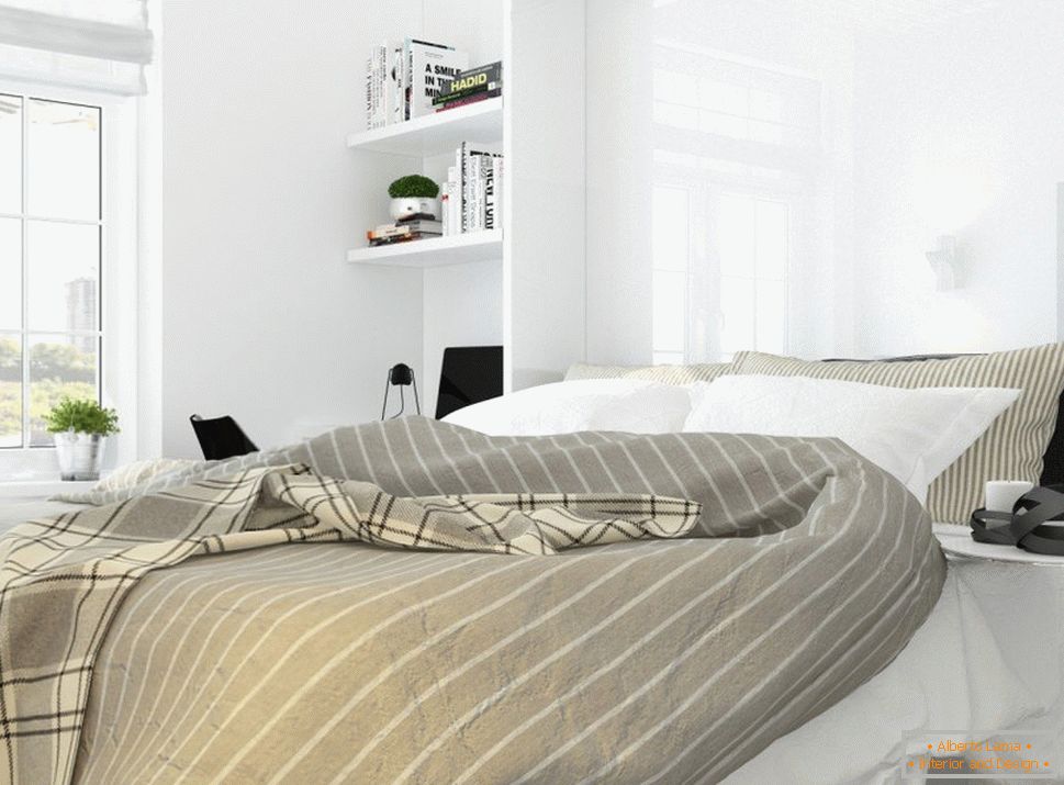 A fehér minimalizmus stílusában álló hálószoba belső kialakítása