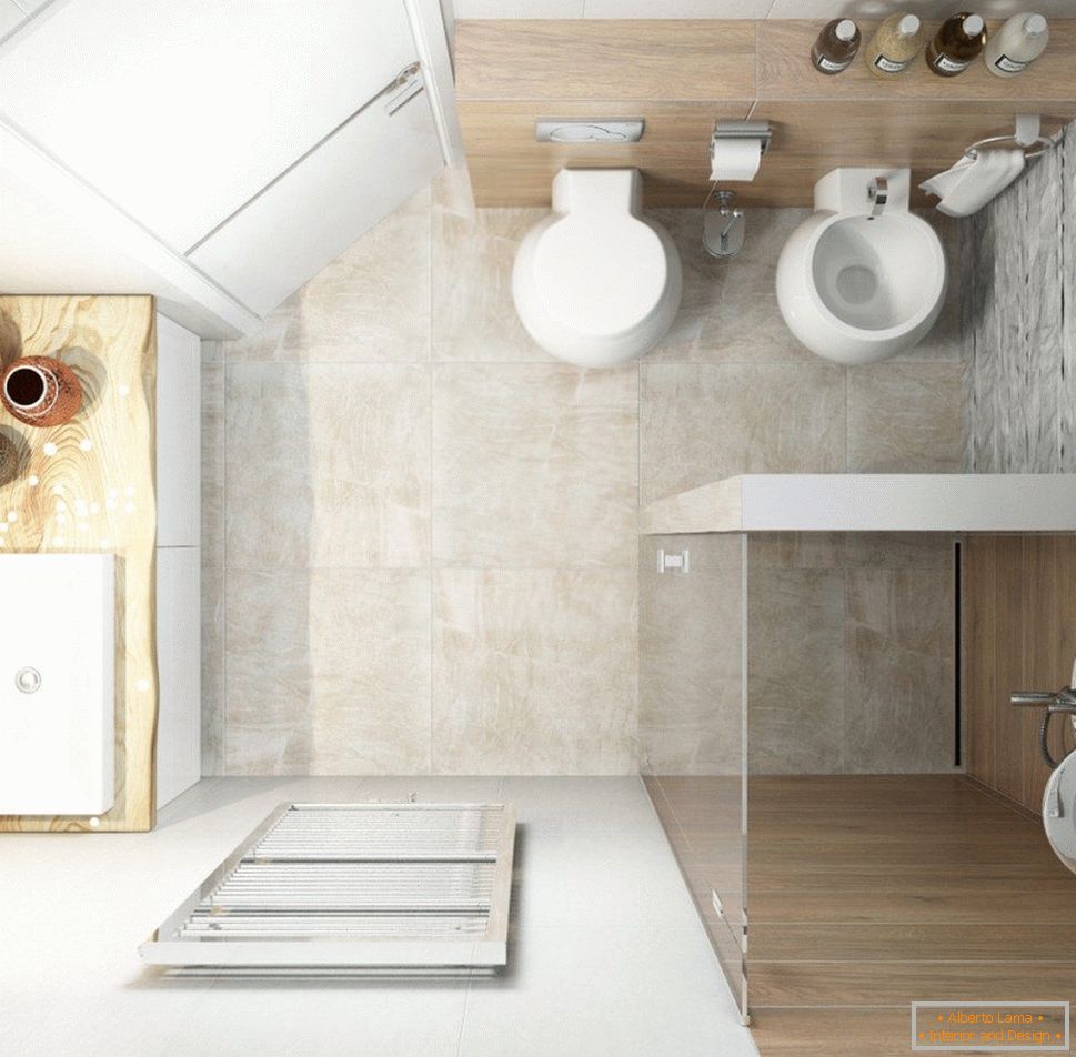 Bútorok elhelyezése a fürdőszobában a fehér minimalizmus stílusában