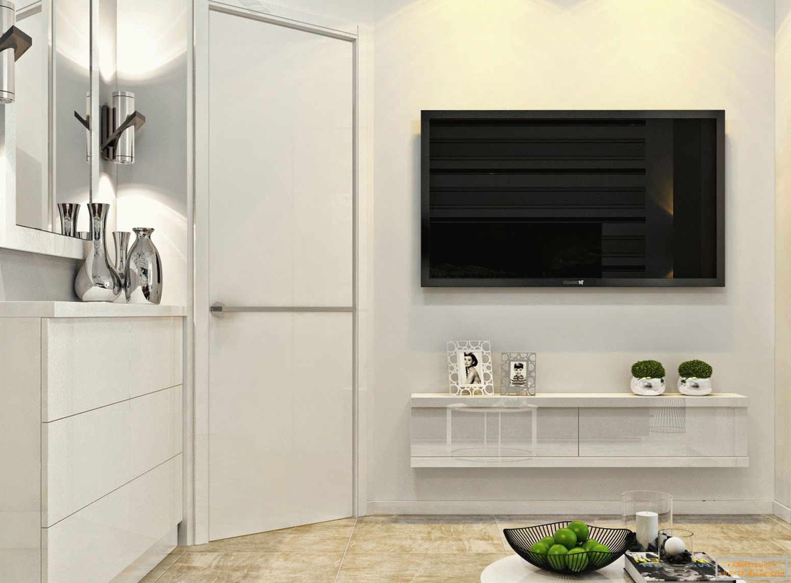 TV a falon a fehér minimalizmus belsejében