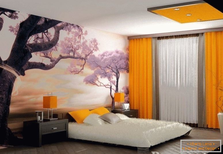 Fotó háttérképek sakura és narancssárga függönyökkel a hálószobában