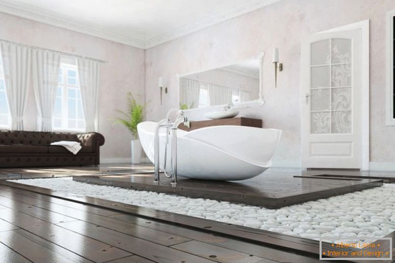 elegáns-modern-fürdőszobás-belsőépítészet-design-a-gyertyafényes-érdekes-fehér-kád-keményfa-padló-fal dekoráció belső-kavics-építészet belsőépítészet belsőépítészet-főiskolák-softw