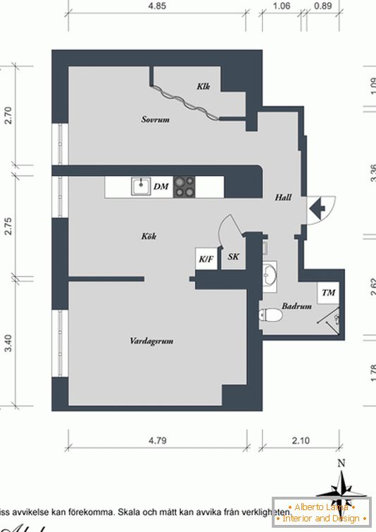 Egy hálószobás apartman terv Svédországban