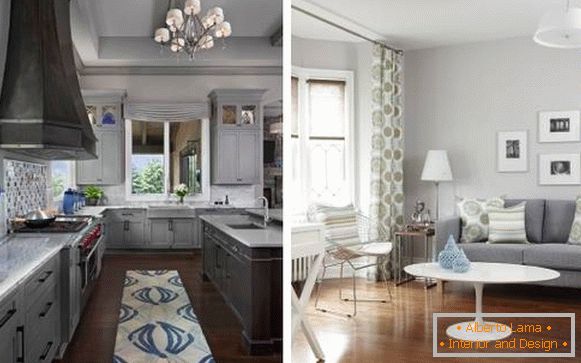 Szürke szín a konyha és nappali belsejében - válogatott fotók