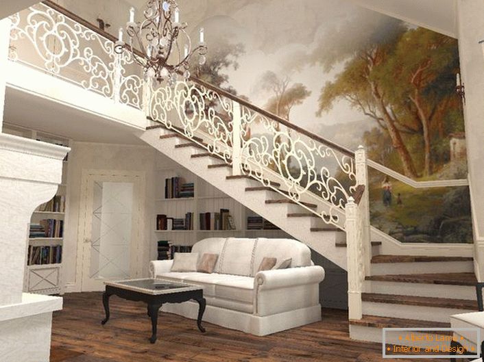 Az elegáns lépcső és a ház belseje a mediterrán stílusban.
