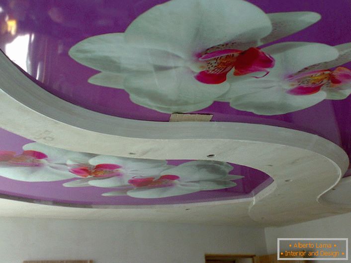 Összetétel virágos stretch mennyezetek fotónyomtatással - érdekes megoldás a nappali díszítésére.