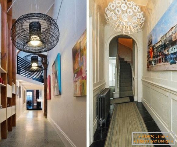 Dekoráció és lámpák keskeny folyosón - belső fotó