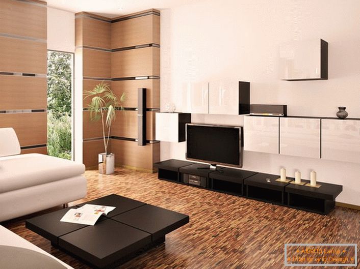 A stílusos, modern, fehér és világos bézs színű szoba sötét fából készült bútorokkal díszített.