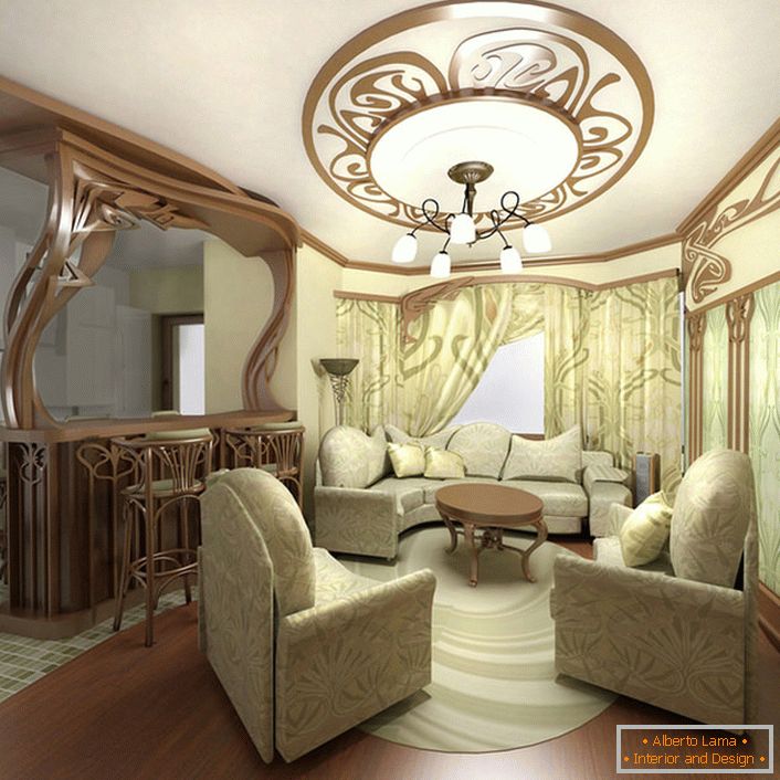 Kiváló bútorok egy kis nappaliban a szecessziós stílusban egy városi lakás Moszkvában.