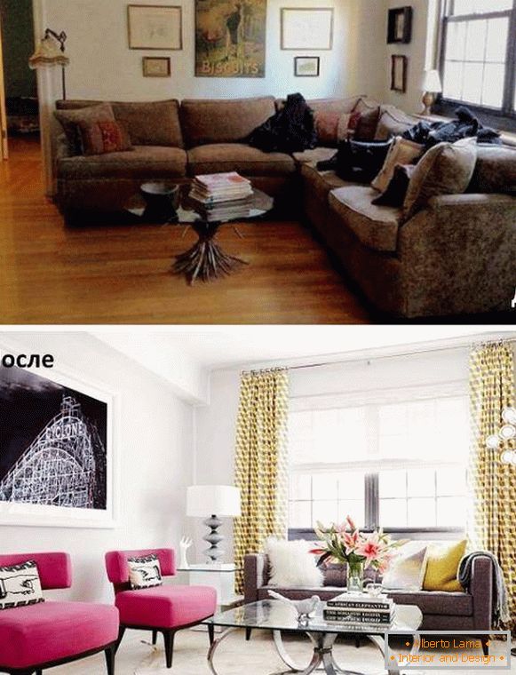 Hogyan rendezzék bútorokat a nappaliban - fotókat a felújítás előtt és után