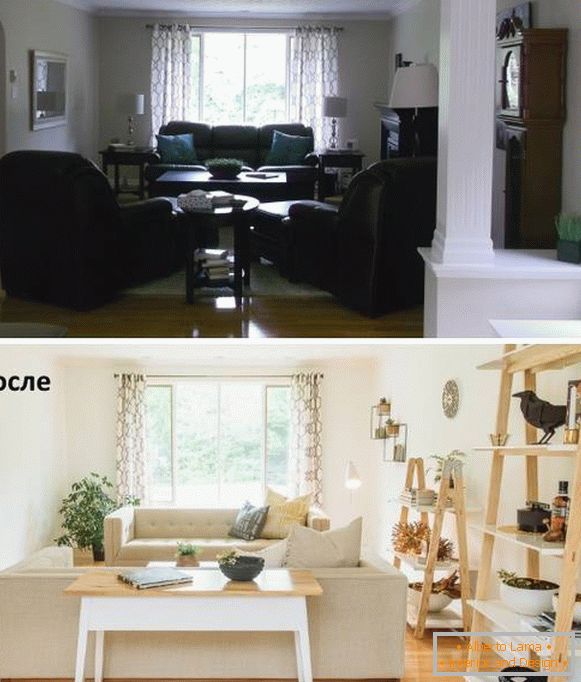 Bútorok elrendezése a nappaliban a műszak előtt és után