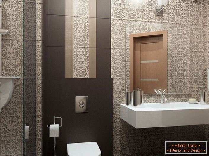 A fürdőszoba dekorációjához a tervező kerámia burkolatot kapott az Art Deco stílusban. A hosszúkás alakzat bonyolult alakja vizuálisan növeli a mennyezeteket.