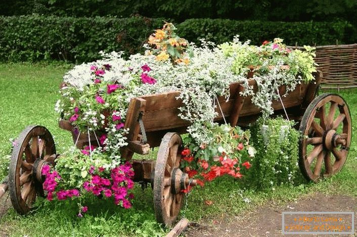 A virágágyás elkészítéséhez egy régi, visszaállított kocsit használtunk. Érdekes megoldás a vidéki udvar dekorációjához. 
