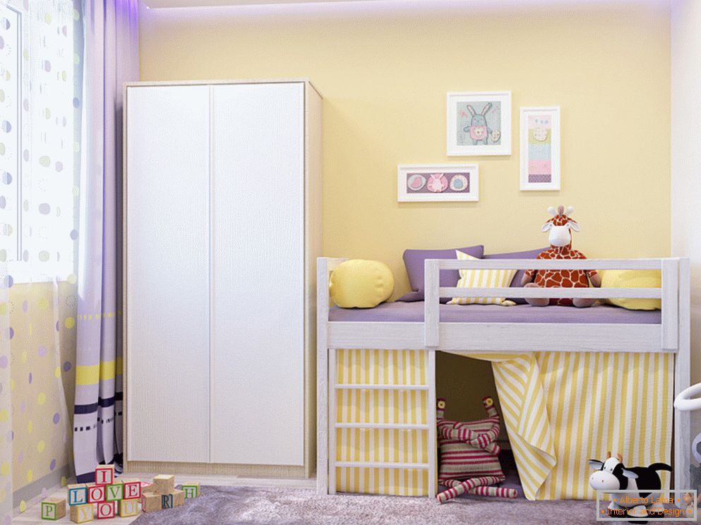 Sárga falak egy kis gyermekszobában
