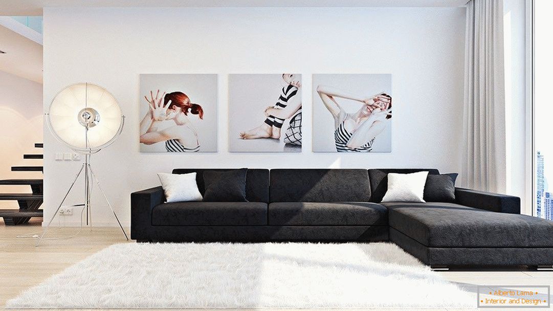 A minimalista stílusú nappali festményekkel