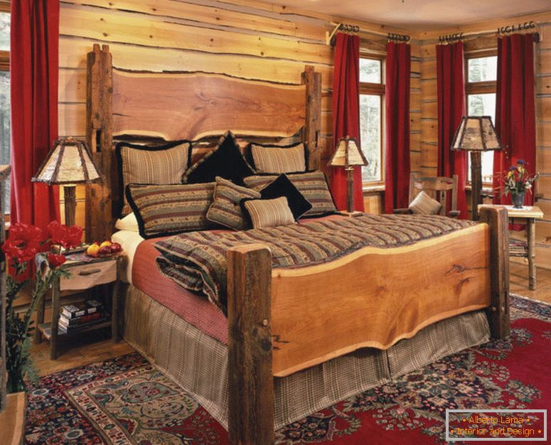 remek-asztal-lámpák-és fantasztikus-bed-in-rusztikus hálószoba-ötletek-with-hagyományos vörös szőnyegen